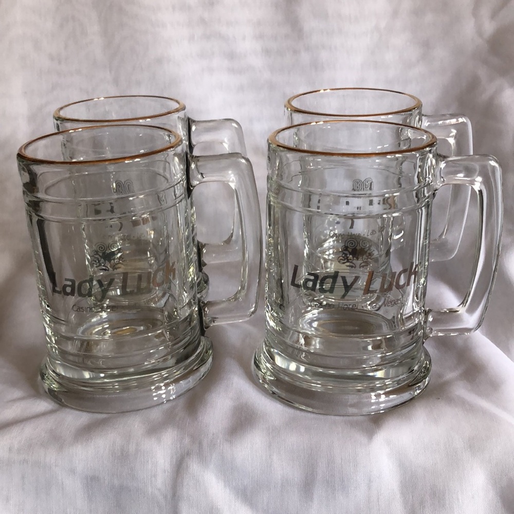 Set of 4 Lady Luck Glass Steins with Gold Rim